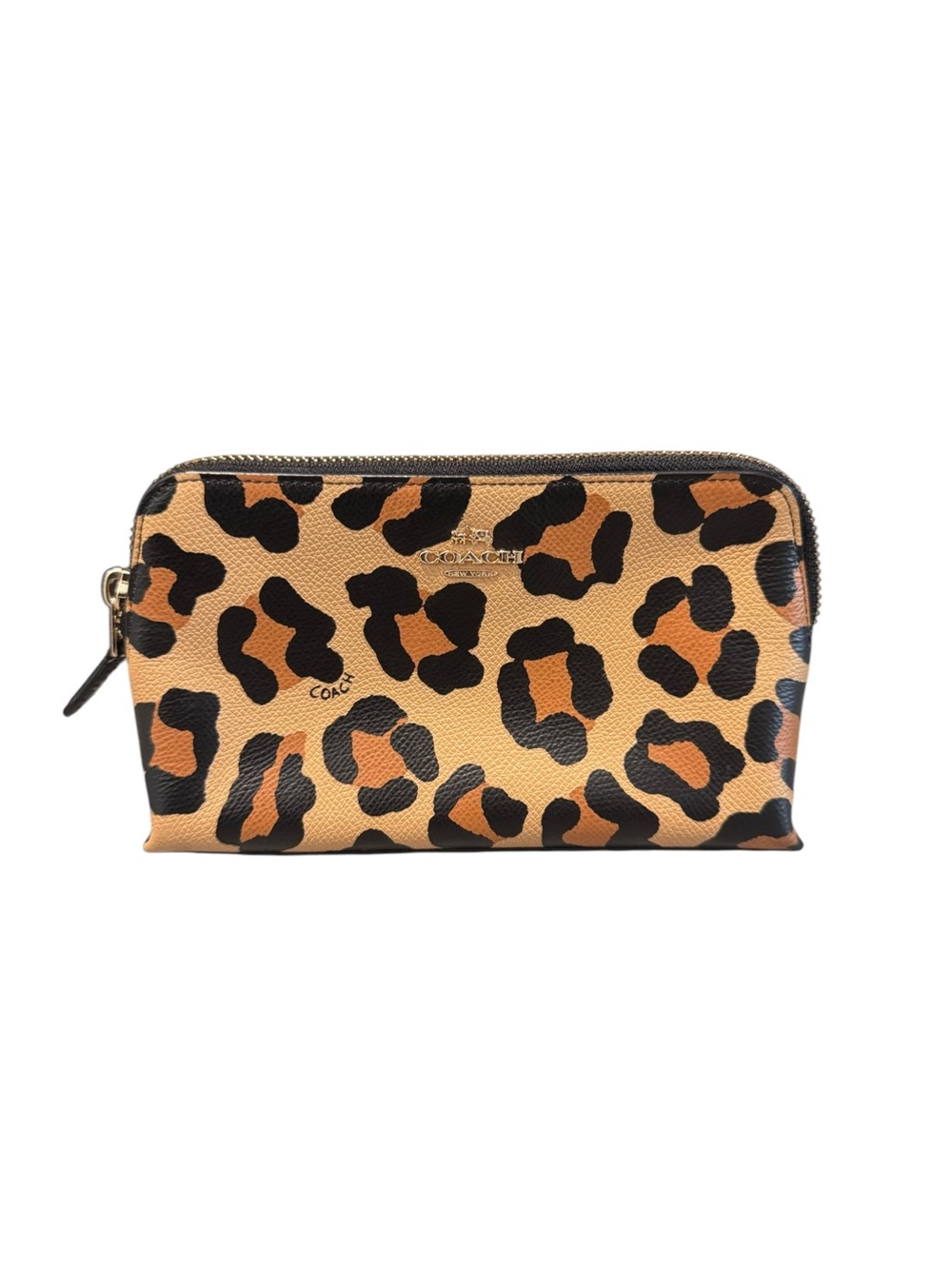 Coach Leopard Animal Print Cosmetic Makeup Bag Zip Pouch Tan Black Gold